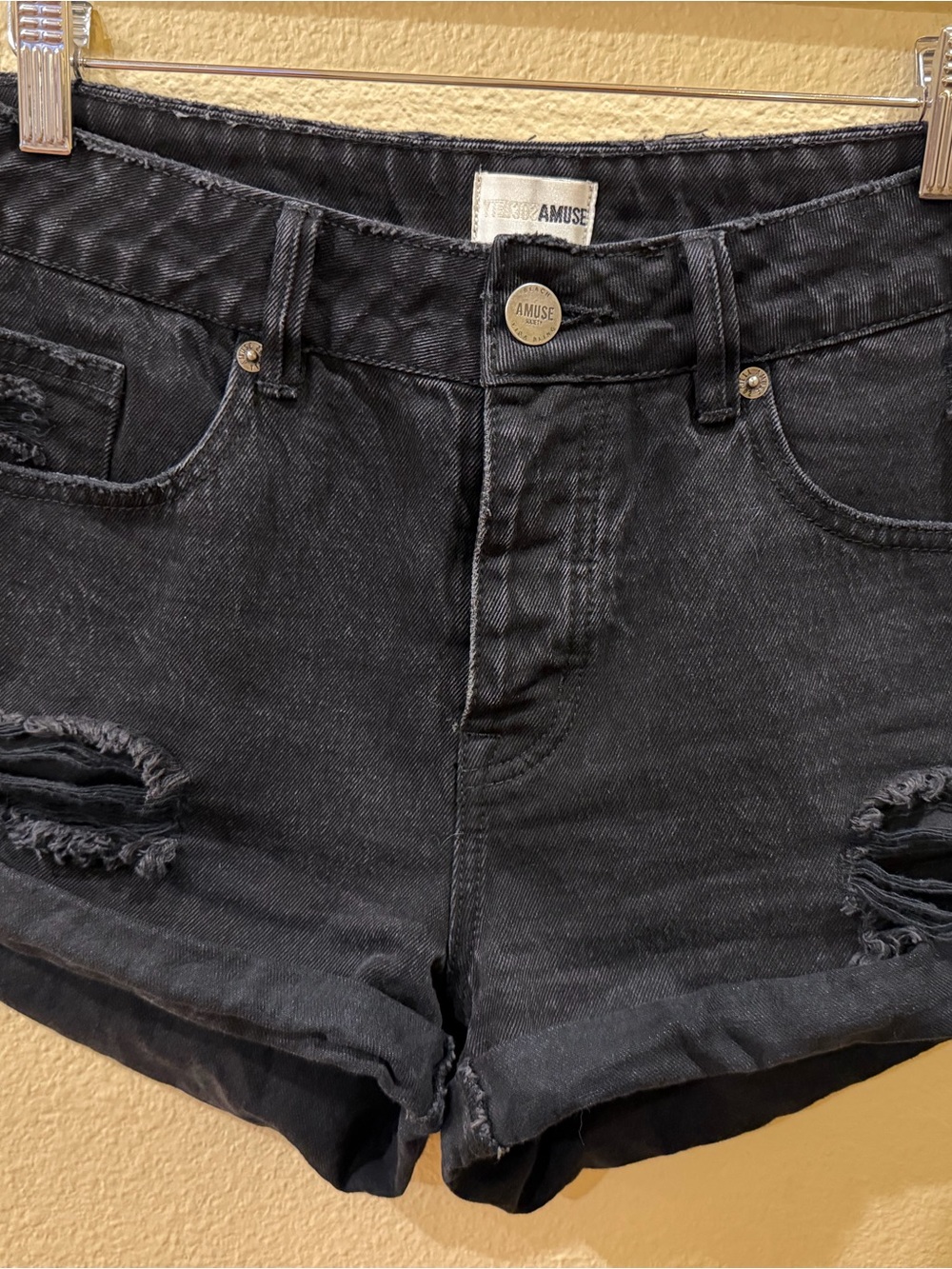 Amuse Society Black Distressed High-Rise Jean Shorts